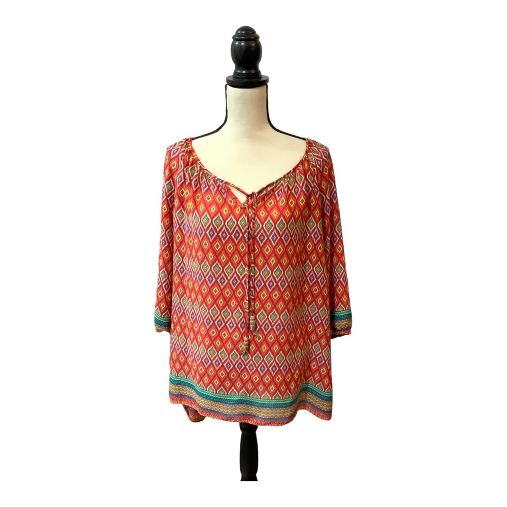 ZAC & RACHEL Top Size 3X Multicolor Ikat Print Crochet Boho Peasant Tunic Blouse